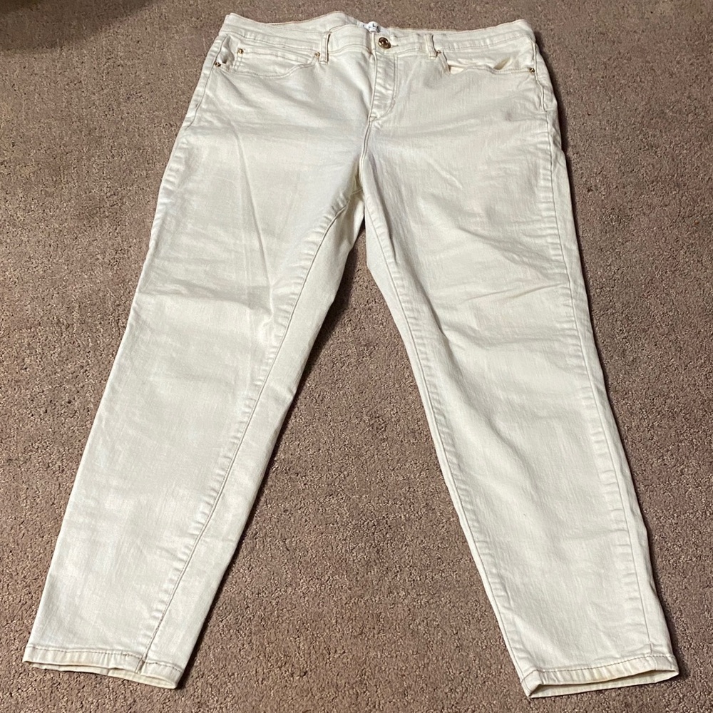 Nicole Miller Soho High Rise Skinny White Jeans with Gold Stitching  14